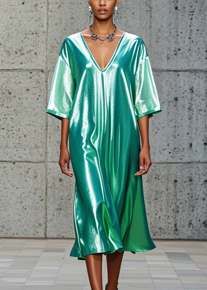 Green V Neck Oversized Silk Vacation Dresses Summer