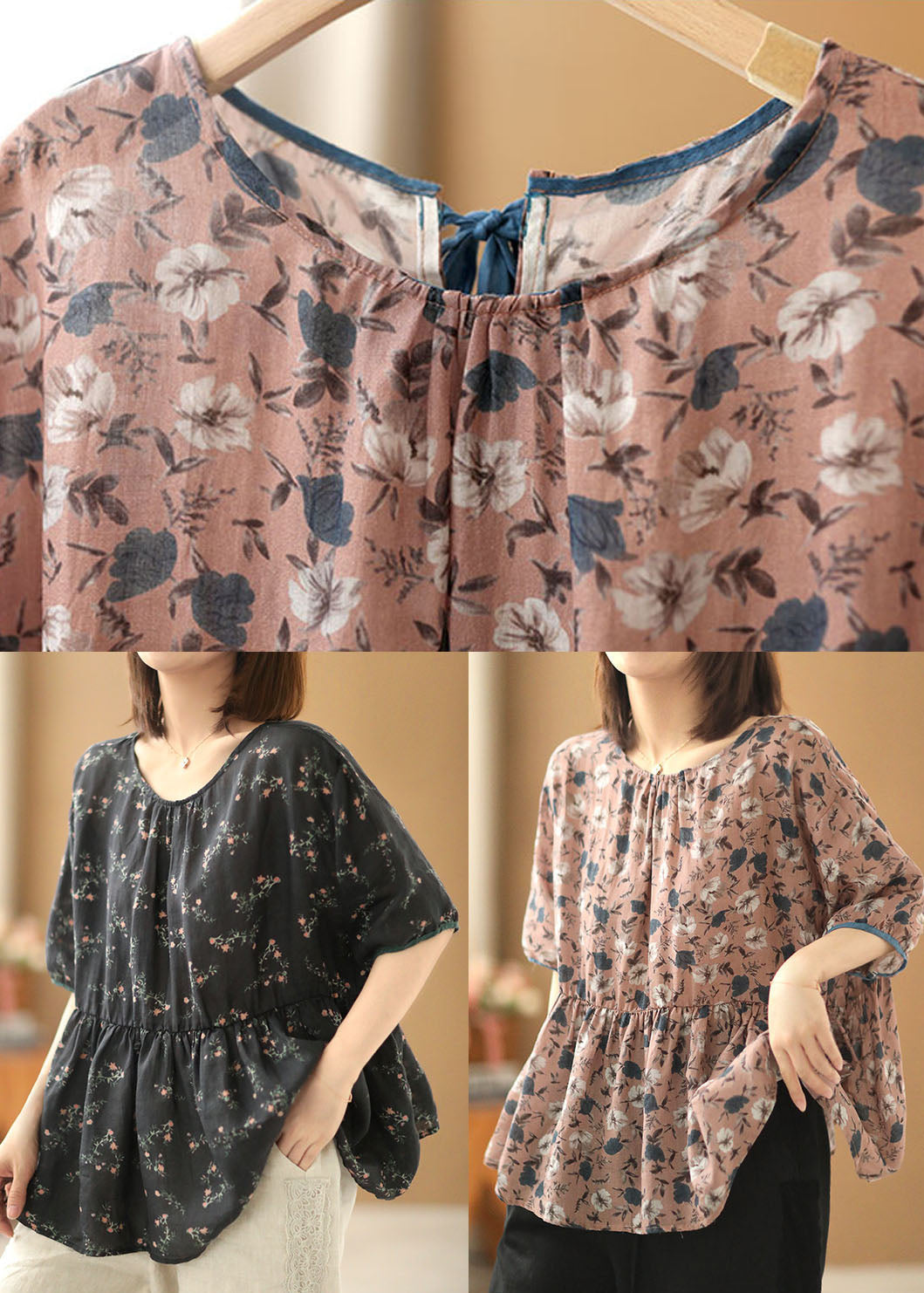 Black O-neck Print Linen Cinch Shirts Short Sleeve