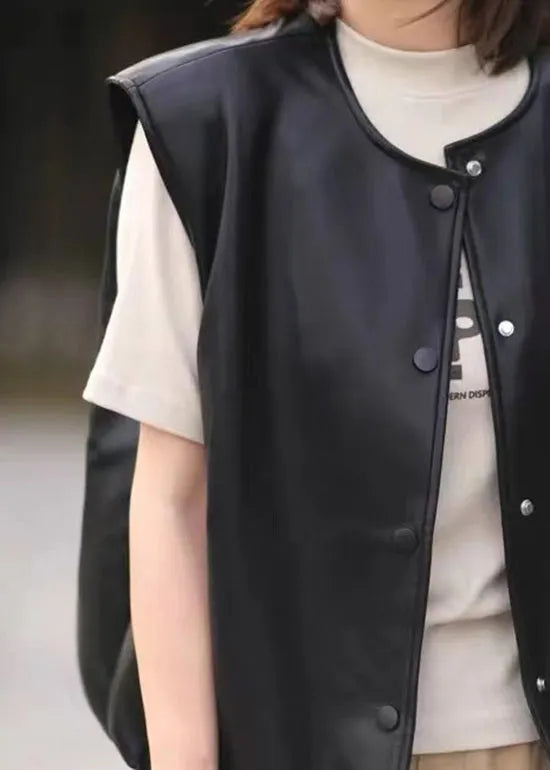 New Black O-neck Drawstring Faux Leather Vest Sleeveless
