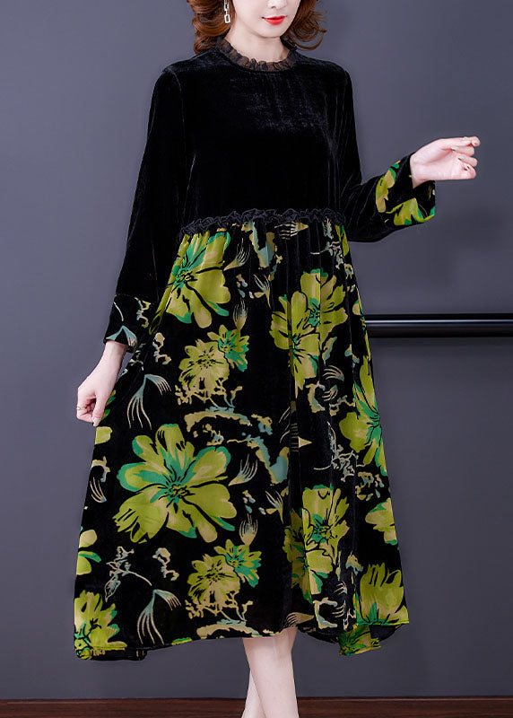 Black Patchwork Print Velour Dress Spring