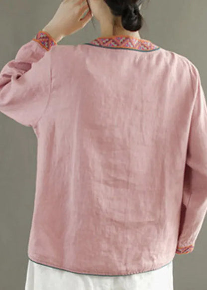Blue V Neck Embroideried Button Linen Shirt Long Sleeve