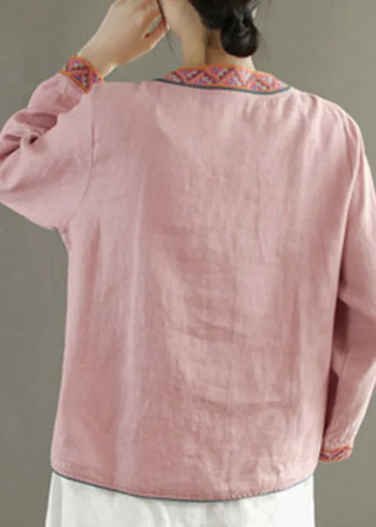Blue V Neck Embroideried Button Linen Shirt Long Sleeve