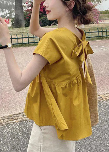 Yellow O-neck Patchwork Bow Cotton Shirt Top Short Sleeve