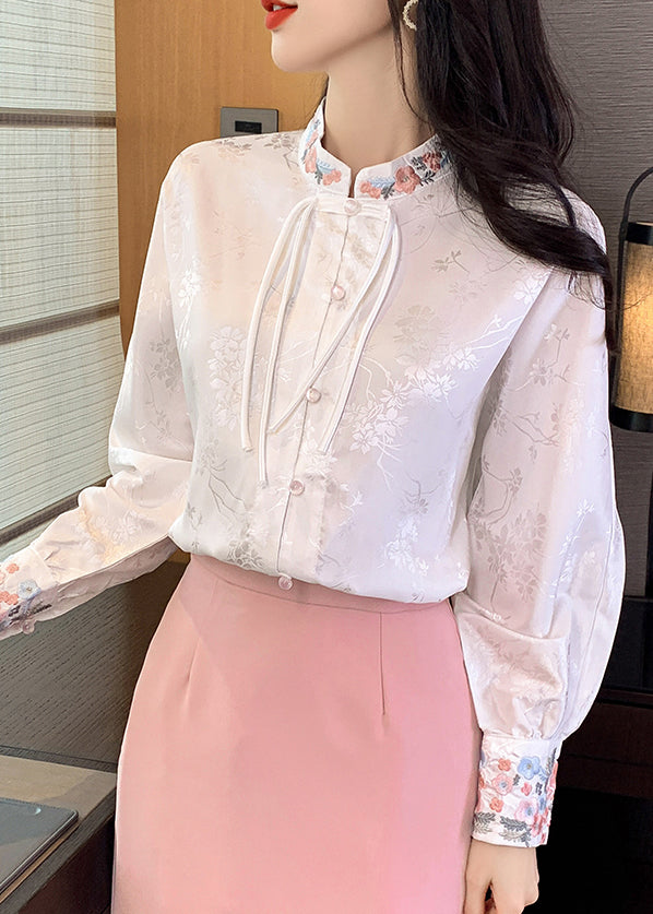 White Stand Collar Embroidered Silk Shirts Long Sleeve