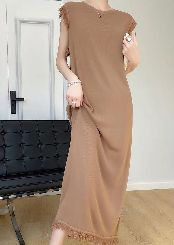 French Beige O-neck Tasseled Ice Silk Knit Dress Sleeveless