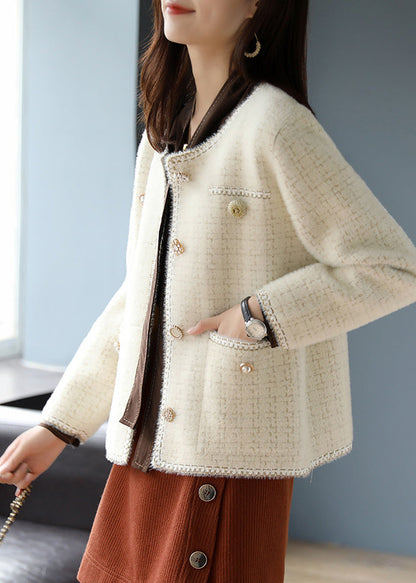 Beige O-neck Plaid Cotton Coats Spring