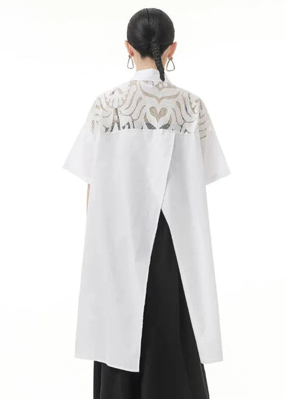White Peter Pan Collar Lace Patchwork Shirt Tops Short Sleeve