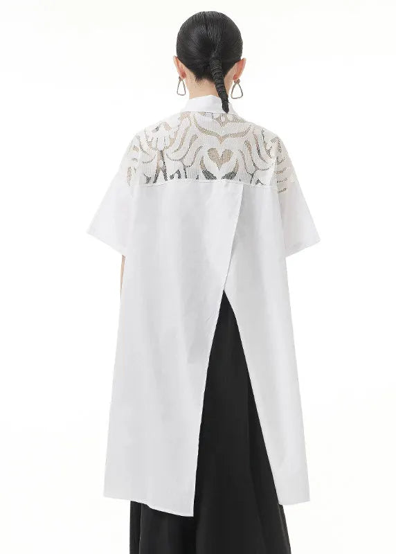 White Peter Pan Collar Lace Patchwork Shirt Tops Short Sleeve