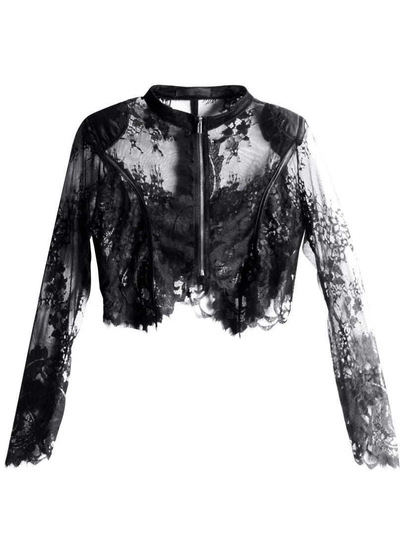 Black Zippered Tulle Summer Shirt Tops Long Sleeve