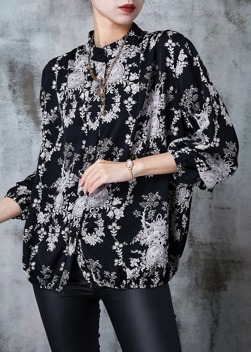 Black Stand Collar Print Chiffon Shirts Summer
