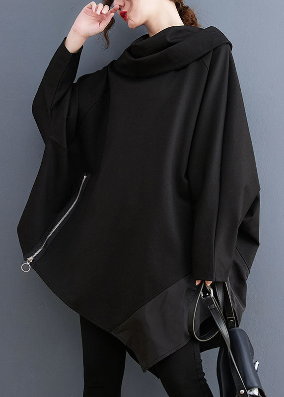 Black Turtle Neck Asymmetrical Patchwork Sweatshirts Fall