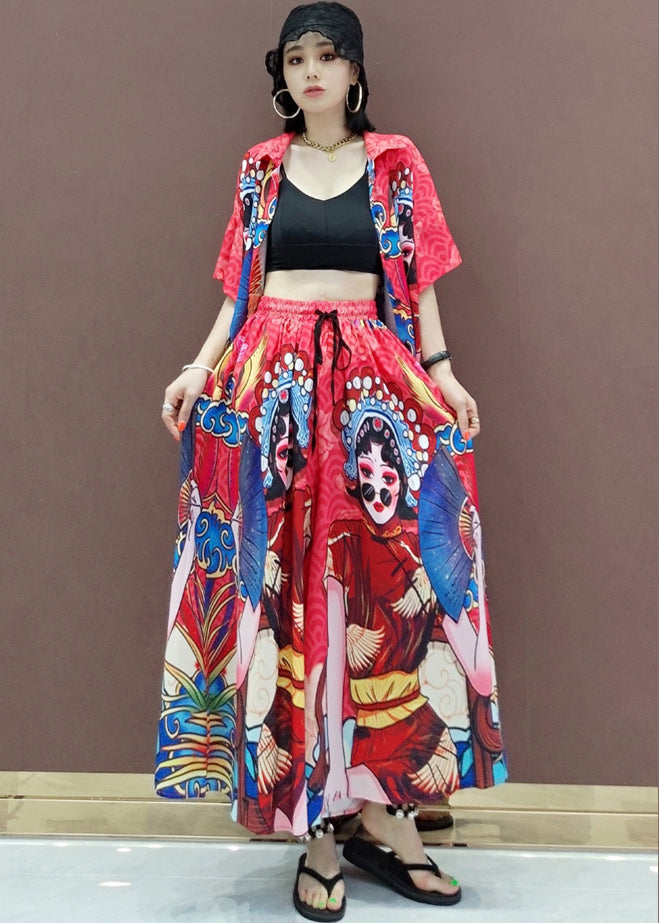 Boutique Red Peter Pan Collar Print Two-piece Set Short Sleeve