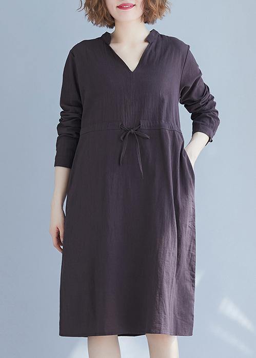 Simple V Neck Drawstring Spring Robes Neckline Gray Dresses