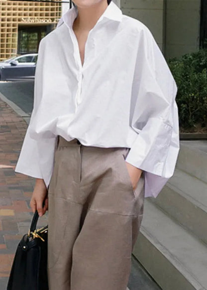 White Peter Pan Collar Button Cotton Shirts Batwing Sleeve