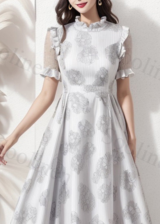 Beige Ruffled Print Silk Long Dresses Summer