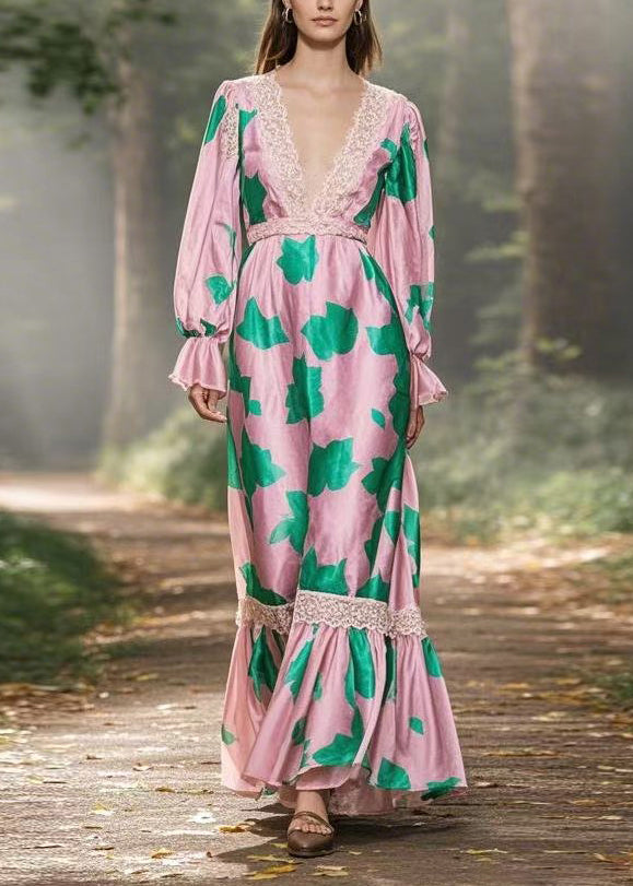 V Neck Print Lace Patchwork Silk Long Dress Spring