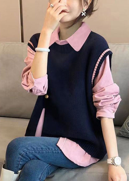 Style Pink Shirts and Navy Knit Vest Side Open Two Pieces Set Fall