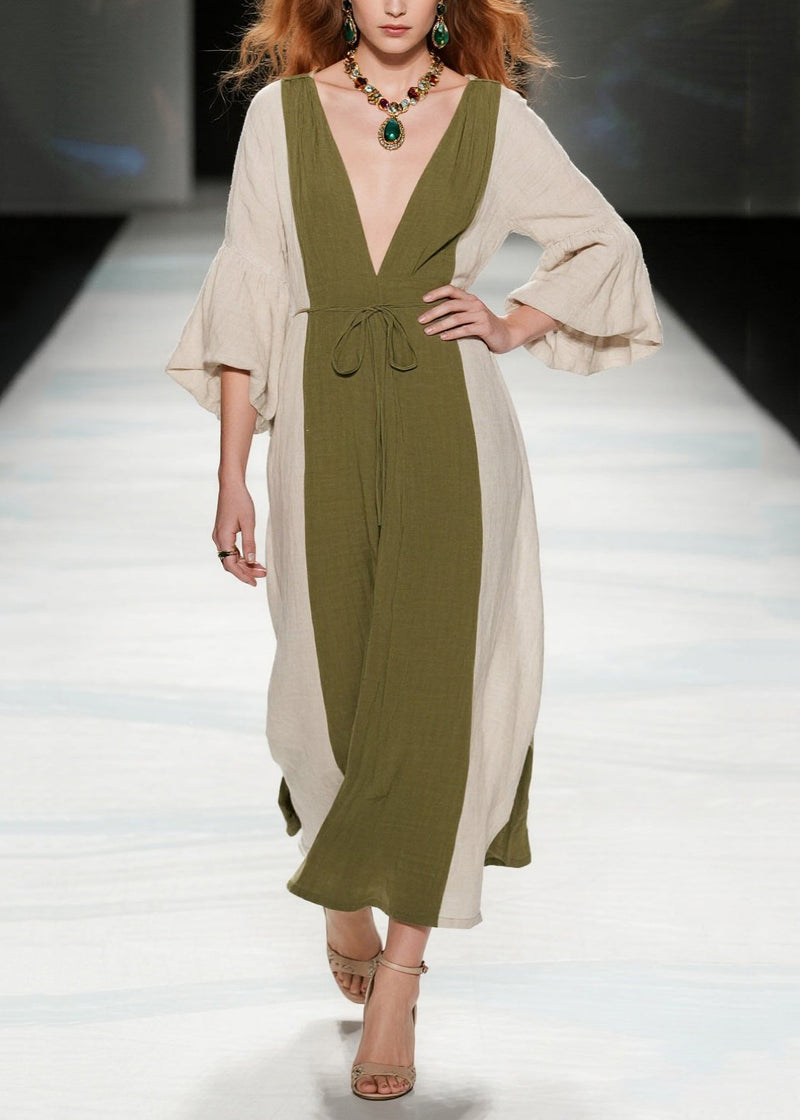 Boutique Tea Green V Neck Patchwork Cotton Long Dresses Summer