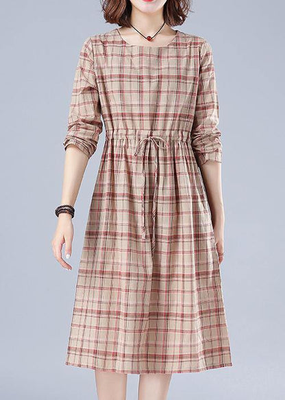 O Neck Drawstring Spring Clothes Ideas Nude Plaid Dresses