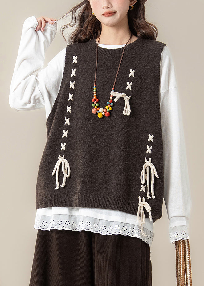 Loose Coffee Lace Up Knit Vest and White Cotton T Shirt Two Piece Set Spring