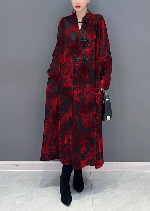 Red Stand Collar Print Patchwork Loose Velour Dresses Fall
