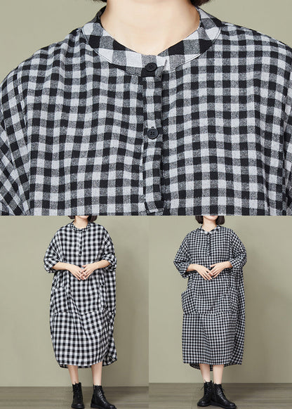 Big Plaid Pockets Patchwork Cotton Long Dresses Fall