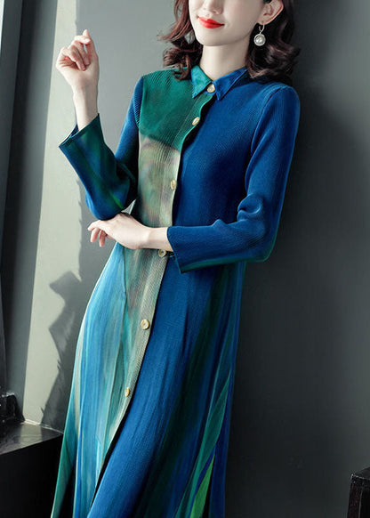 Slim Fit Blue Green Peter Pan Collar Wrinkled Gradient Color Shirt Dress and Straight Pants Two Pieces Set Fall
