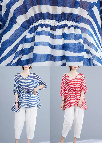 Diy Blue Loose Flare Sleeve V Neck Summer Shirts