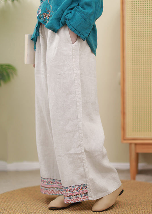 Boutique Linen Colour Elastic Waist Drawstring Embroideried Pockets Linen Pants Spring