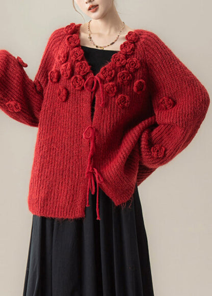 Red Lace Up Knit Loose Cardigan V Neck