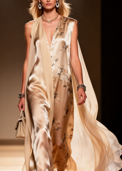 V Neck Print Patchwork Chiffon Maxi Dresses Summer
