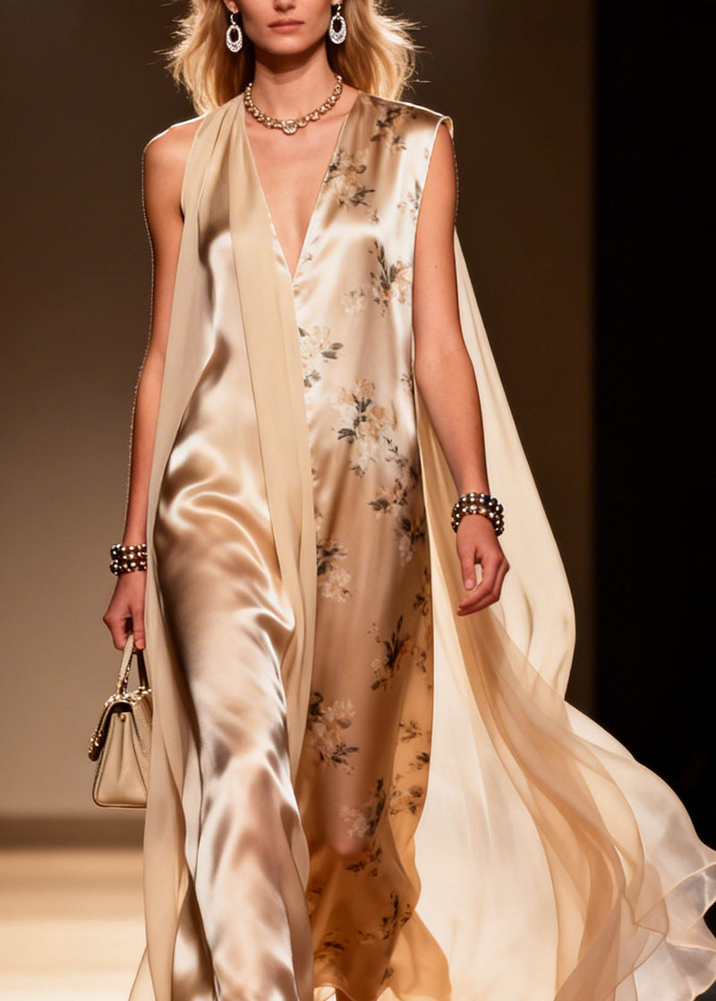 V Neck Print Patchwork Chiffon Maxi Dresses Summer