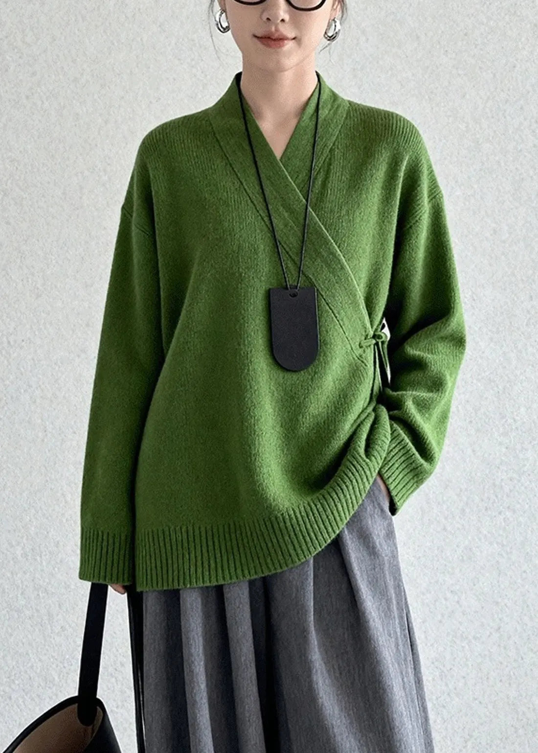 Tea Green Tie Waist Knit Sweaters Winter