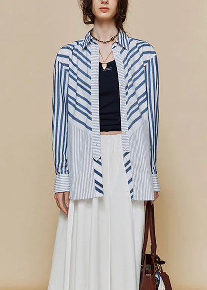 Loose Blue Peter Pan Collar Striped Cotton Shirts Fall
