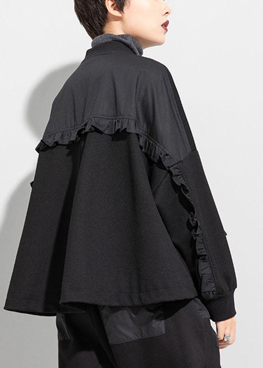 Style Black Zippered Pockets Patchwork Fall Coat Long Sleeve