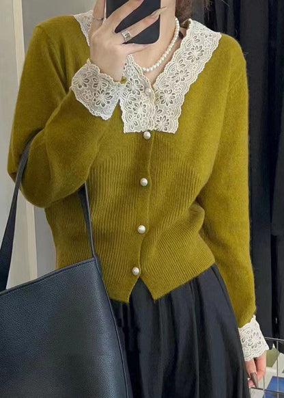 Apricot Button Lace Patchwork Cotton Knit Coats Fall
