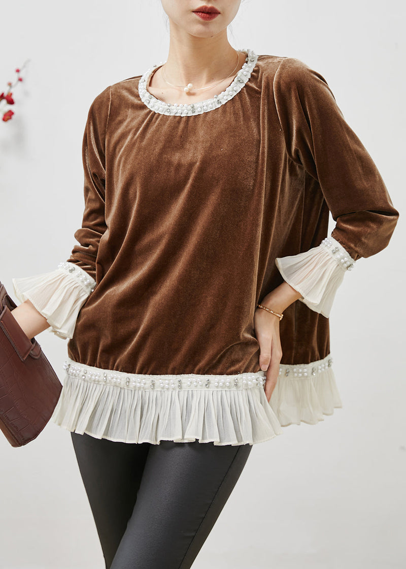 Brown Nail Bead Patchwork Silk Velour Tops Flare Sleeve