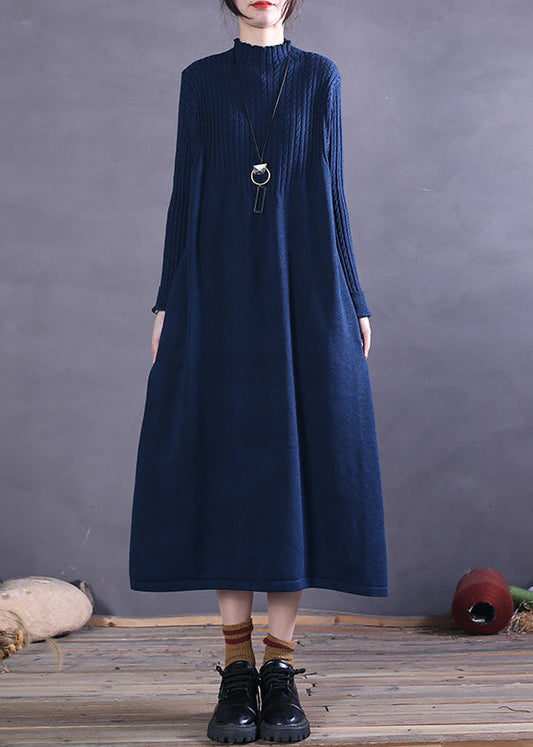 Blue Pockets Knit Vacation Dresses Spring