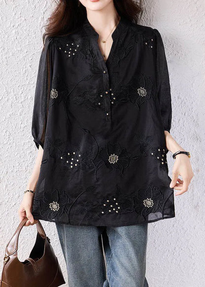 Loose Black Embroidered Nail Bead Cotton Blouses Bracelet Sleeve