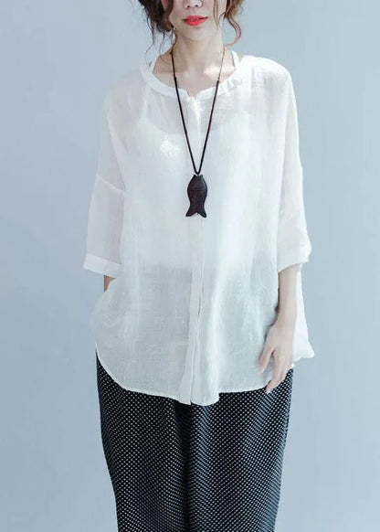 White Button Loose Fall Blouses Three Quarter Sleeve