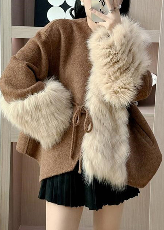 Caramel Fox Collar Patchwork Tie Waist Woolen Coats Fall