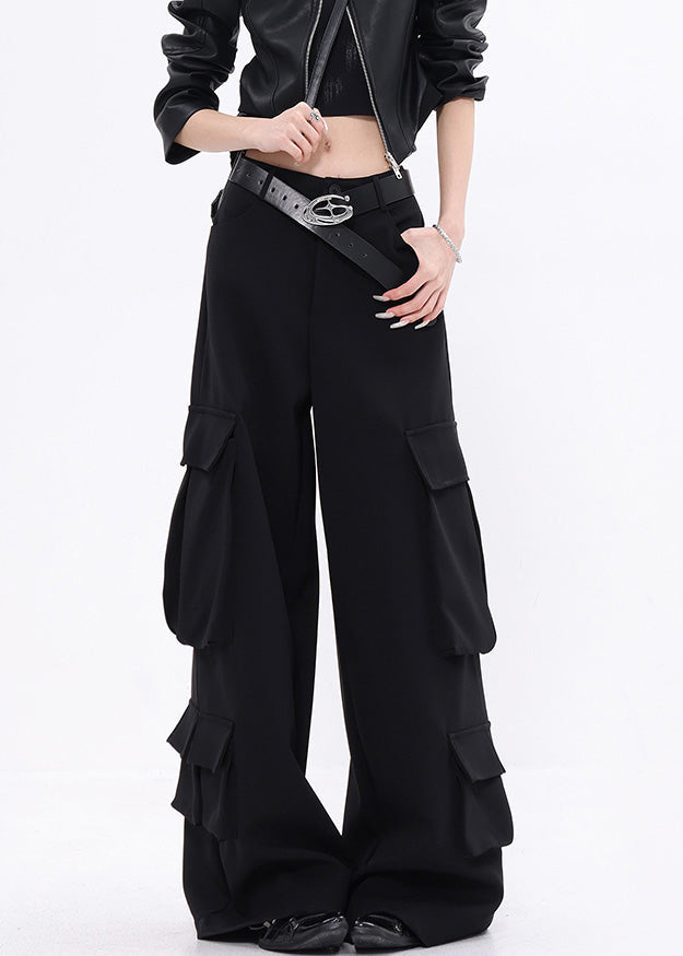 Black Pockets Cotton Wide Leg Pants Fall