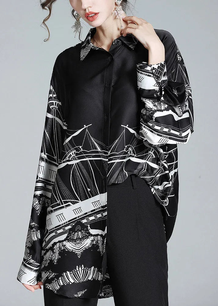 Black Peter Pan Collar Print Button Silk Shirt Long Sleeve