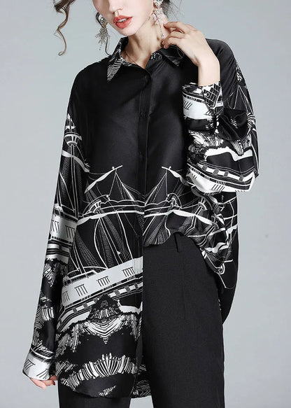 Black Peter Pan Collar Print Button Silk Shirt Long Sleeve