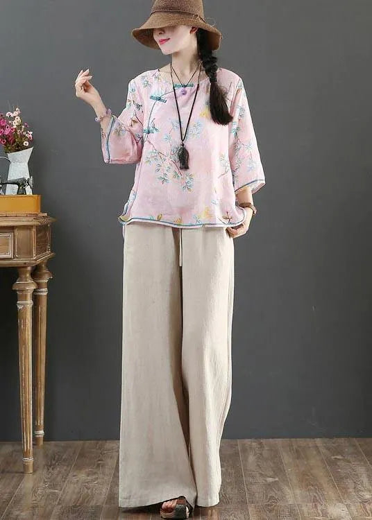 Pink Print Linen Oriental Summer Shirts
