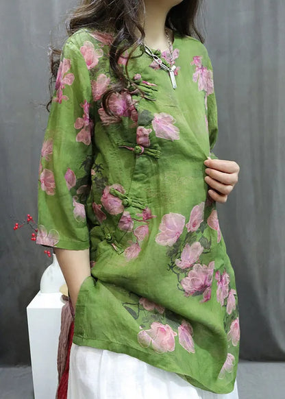 Handmade Pink O-neck Print Button Top Summer
