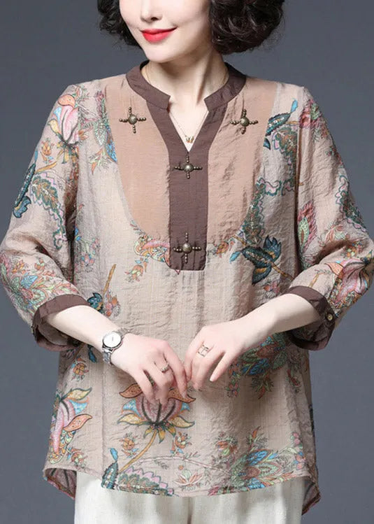 Light Chocolate V Neck Sequined Patchwork Print Chiffon Tops Half Sleeve