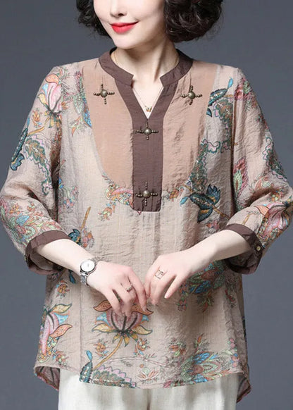 Light Chocolate V Neck Sequined Patchwork Print Chiffon Tops Half Sleeve