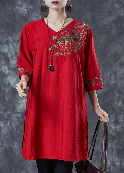 Red Embroidered Linen Mid Dresses Summer
