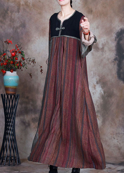 Red Green Retro Patchwork Print Fall Long Sleeve Long Dresses